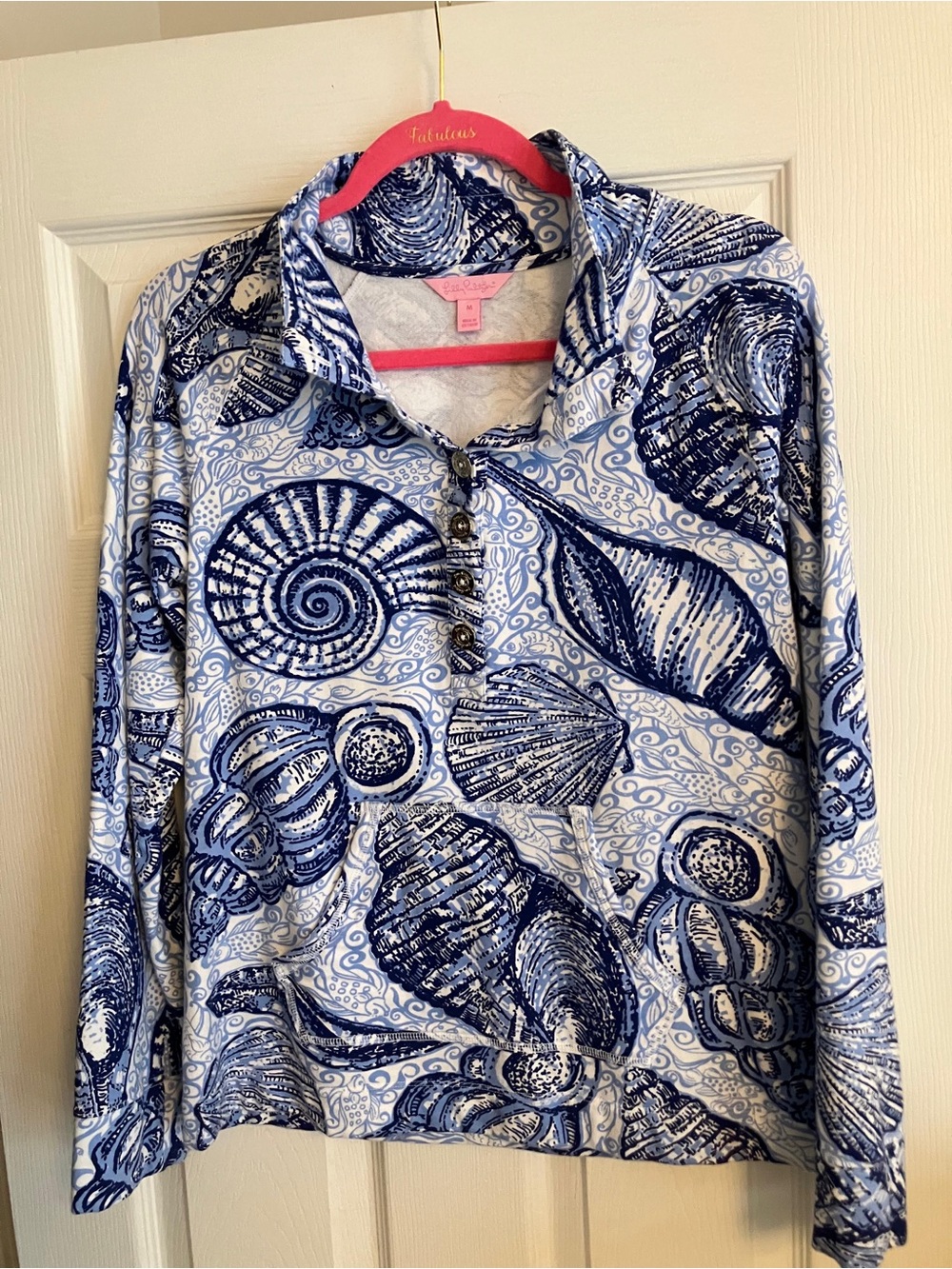 Lilly Pulitzer Blue and White Shell-Print Long-Sleeve Pullover